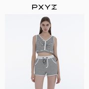 pxyz24ss早春毛巾布黑白(布黑白，)条纹撞色背心高腰短裤运动休闲套装
