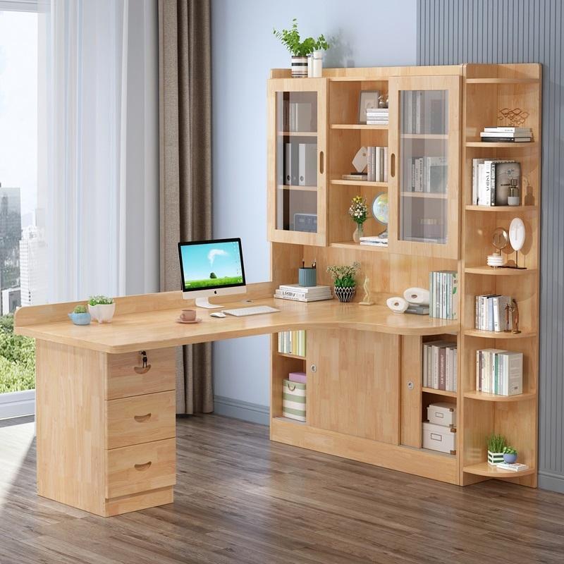 高档实橡木转角书桌书架一体组合柜学生儿童卧室家用电脑学习桌写