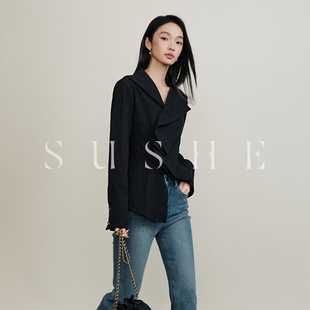 束皙/SUSHE 心机洋裁法式时髦设计大翻领黑色收腰长袖衬衫女秋季