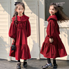 女童红色灯芯绒连衣裙秋冬装，儿童洋气长款娃娃，领灯笼袖公主裙