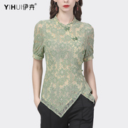 蕾丝衫设计感夏季短袖盘扣，中国风上衣气质不规则衬衫显瘦小衫