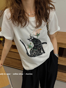 卡通猫咪图案短袖T恤女欧洲站夏装2024欧货女装丝光棉上衣潮