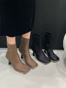 弹力莱卡气质高跟短靴女2023年秋季韩版个性方头水钻装饰底瘦瘦靴