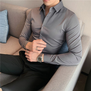 高级感黑色长袖衬衫男弹力，内搭寸衫韩版修身商务，灰色加绒打底衬衣