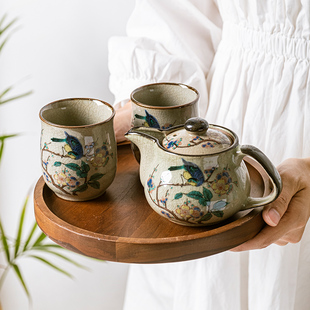 小鹿田烧 日本进口花鸟茶壶茶杯陶瓷器手绘茶具套装礼盒330ml