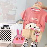 可爱小童装女童夏装套装动物印花卡通短袖T恤短裤两件套宝宝套装