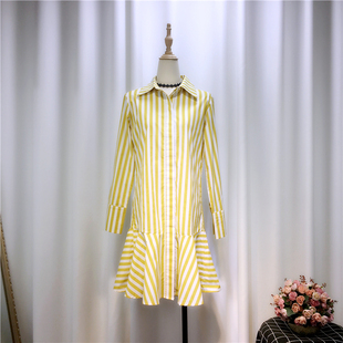 韩版时尚气质黄色，竖条纹衬衫裙，修身显瘦荷叶边连衣裙