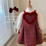 女童套装裙冬季2022洋气宝宝红色爱心吊带网纱裙加绒厚两件套
