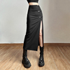 kliou新中式复古盘扣开叉黑色半身裙，女设计感褶皱显瘦包臀中长裙