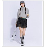 秋季户外网球美式抽绳拉链长袖运动短卫衣网纱防走光细百褶裙套装