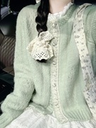 绿色花边设计感针织毛衣开衫，女2024春秋，文艺复古慵懒外套上衣