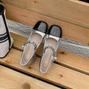 小码313233码单鞋2024春夏，方头拼色珍珠玛丽珍女鞋粗跟高跟鞋