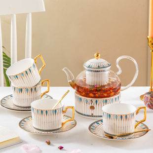 骨瓷花茶壶套装水果茶壶玻璃，蜡烛加热煮茶英式下午茶具花茶杯轻奢