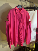 玫红色中长款衬衫女韩版夏季休闲宽松大版型POLO领露肩长袖衬衣潮