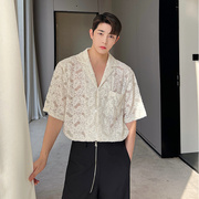 2023夏季衬衫男短袖高级感韩版气质镂空磨毛蕾丝提花性感衬衣
