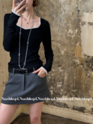 NeedShop12023早秋法式黑白色蕾丝低领拼接修身长袖打底上衣