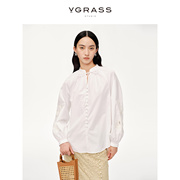 vgrass精致镂空刺绣棉感白衬衫，女24年春季休闲经典宽松上衣
