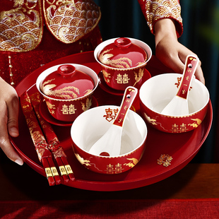 敬茶杯结婚陪嫁用品改口敬酒茶杯套装，喜碗婚礼红色碗筷对碗娘家