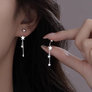 s925银针星星流苏耳环女小众设计感五角星螺丝拧扣耳钉高级感耳饰