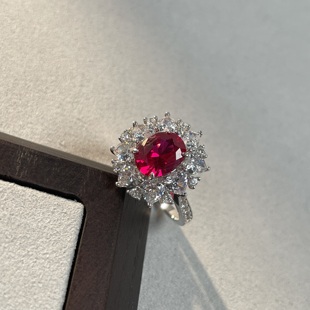 s925纯银鸽血红戒指女红宝石培育高碳钻彩宝指环高级感饰品