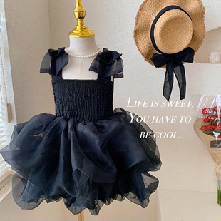 女童吊带连衣裙夏季高级感洋气女孩黑色时髦公主裙儿童礼服蓬蓬裙