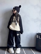 女童冬款加绒卫衣套装韩版中大童洋气连帽拼色休闲运动两件套