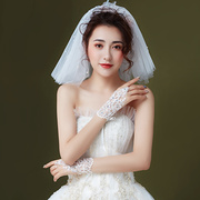 韩式简约婚纱礼服手套新娘短款蕾丝，绑带白色演出亮片红色手套夏季