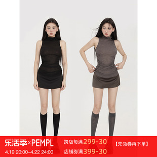 PEMPL 双色轻亚半透腰褶皱小高领无袖背心女春夏显瘦内搭上衣