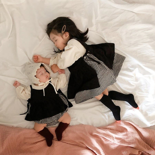 ins2024春夏韩国婴儿格子吊带，连衣裙套装宝宝连体，哈衣爬服姐妹装