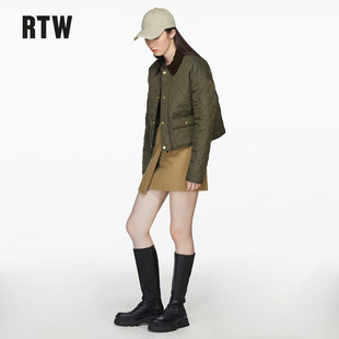 RTW短款棉服女绗缝菱格灯芯绒翻领春秋轻薄美式复古军绿棉袄外套