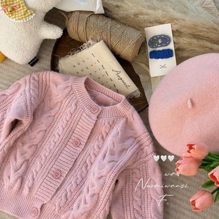 韩系童装2024秋季女宝宝，粉色麻花毛衣女童开衫，儿童毛线外套针织衫