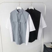 高级感拼接撞色短袖，衬衫男夏季韩版潮流设计感宽松衬衣