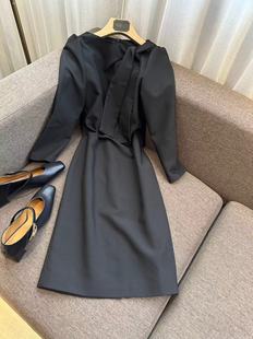 vanlu优雅小黑裙复古减龄褶皱，飘带领结泡泡，袖修身中长款连衣裙