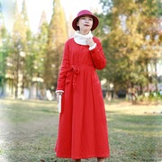 纯棉红色加绒高腰腰带，冬季连衣裙女民族，风文艺宽松加厚打底长裙