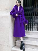 高贵紫色西装领双面羊绒，大衣女中长款真狐狸毛领直筒复古毛呢外套