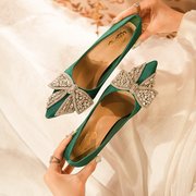 法式婚鞋新娘鞋2023年尖头蝴蝶结高跟鞋女细跟水晶鞋气质单鞋