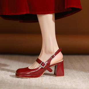 新中式酒红色高跟鞋，女配裙子玛丽珍鞋舒适厚底，粗跟婚鞋包头凉鞋
