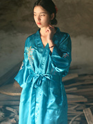 仙鹤长袍~湖蓝色，复古开衫绣花日式睡袍，外搭民族风袍