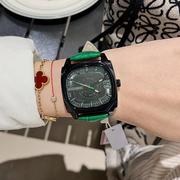 士手表中性表大盘绿色皮表带黑色女款潮流个性时尚TICTOC方形