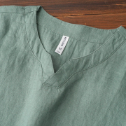 浅绿色夏季轻薄透气纯亚麻大v领短袖纯色简约休闲中国风t恤上衣