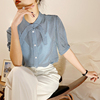 法式蓝色短袖衬衣夏季通勤气质女士上衣赫本风格子轻熟风雪纺衬衫