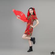 国潮中国风改良演出旗袍，短款东北大花布，修身走秀二手玫瑰旗袍