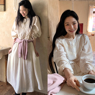 韩国chic春季法式复古重工蕾丝，拼接收腰显瘦喇叭袖连衣裙女