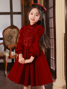 红色晚礼服女童高端公主裙秋季花童婚礼小女孩，生日儿童钢琴演出服