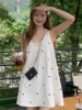 韩国chic夏季小众设计星星，刺绣v领无袖背心，裙前后两穿牛仔连衣裙