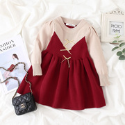 韩版女童纯棉酒红色小香风假两件毛衣裙(毛衣裙，)冬季连衣裙公主婴儿新年裙