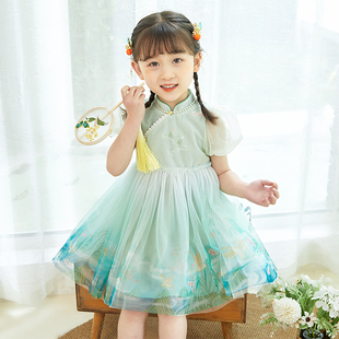 女童旗袍夏季薄款纱裙新中式，绿色小女孩泡泡袖刺绣儿童连衣裙
