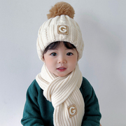 儿童帽子围巾两件套秋冬季保暖女童毛线帽韩版字母男童毛球护耳帽