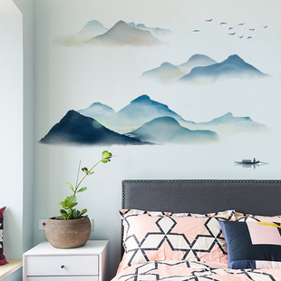 水墨画墙贴山水贴纸防水自粘中式墙纸客厅，背景墙床头卧室装饰壁纸