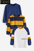 英国Next男童大童可亲子蓝色黄色条纹灰色插肩长袖T恤A95-366